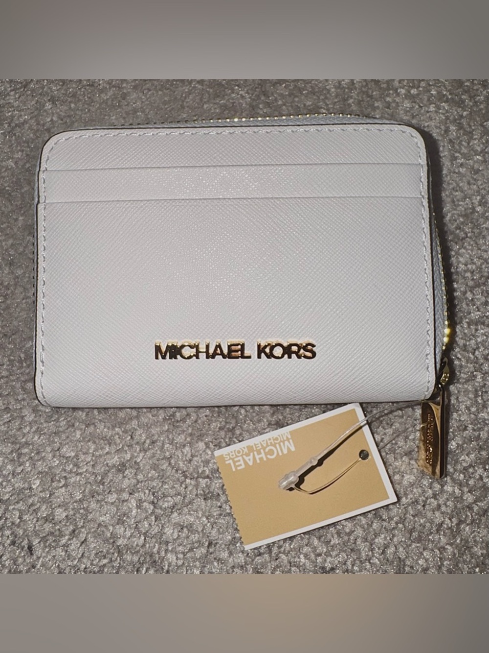 Michael Kors Pale Blue Saffiano Zip Card Holder with Gold Hardware